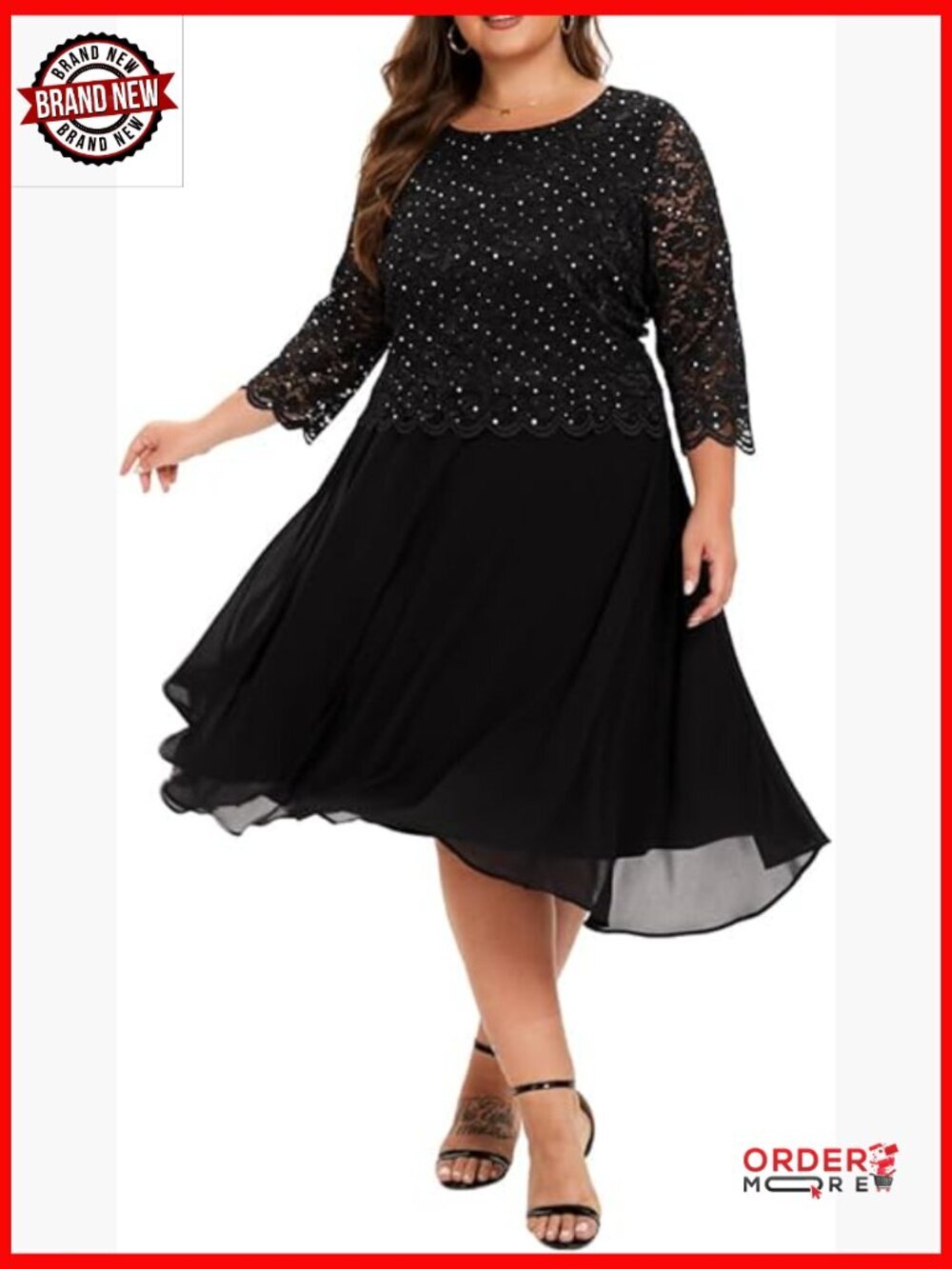 Plus Size Tea Length Sequin Lace Formal Dress Long Sleeve V-Neck